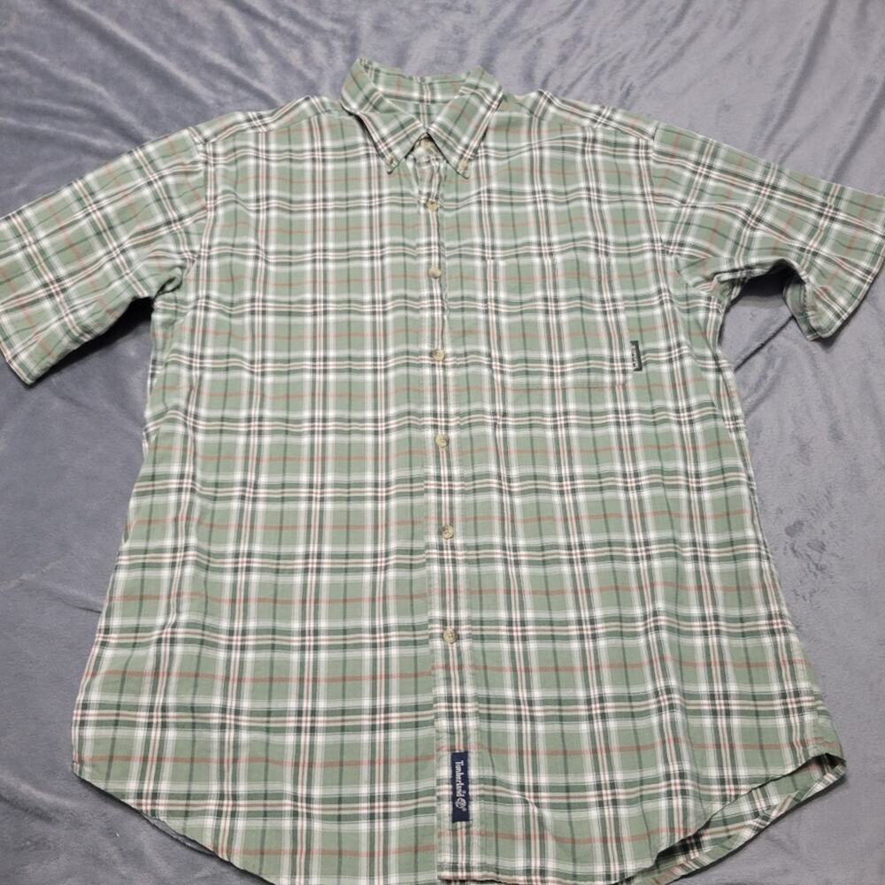 Vtg Timberland Shirt Mens Large Green Plaid Button Front 90s Short Sleeve Collar